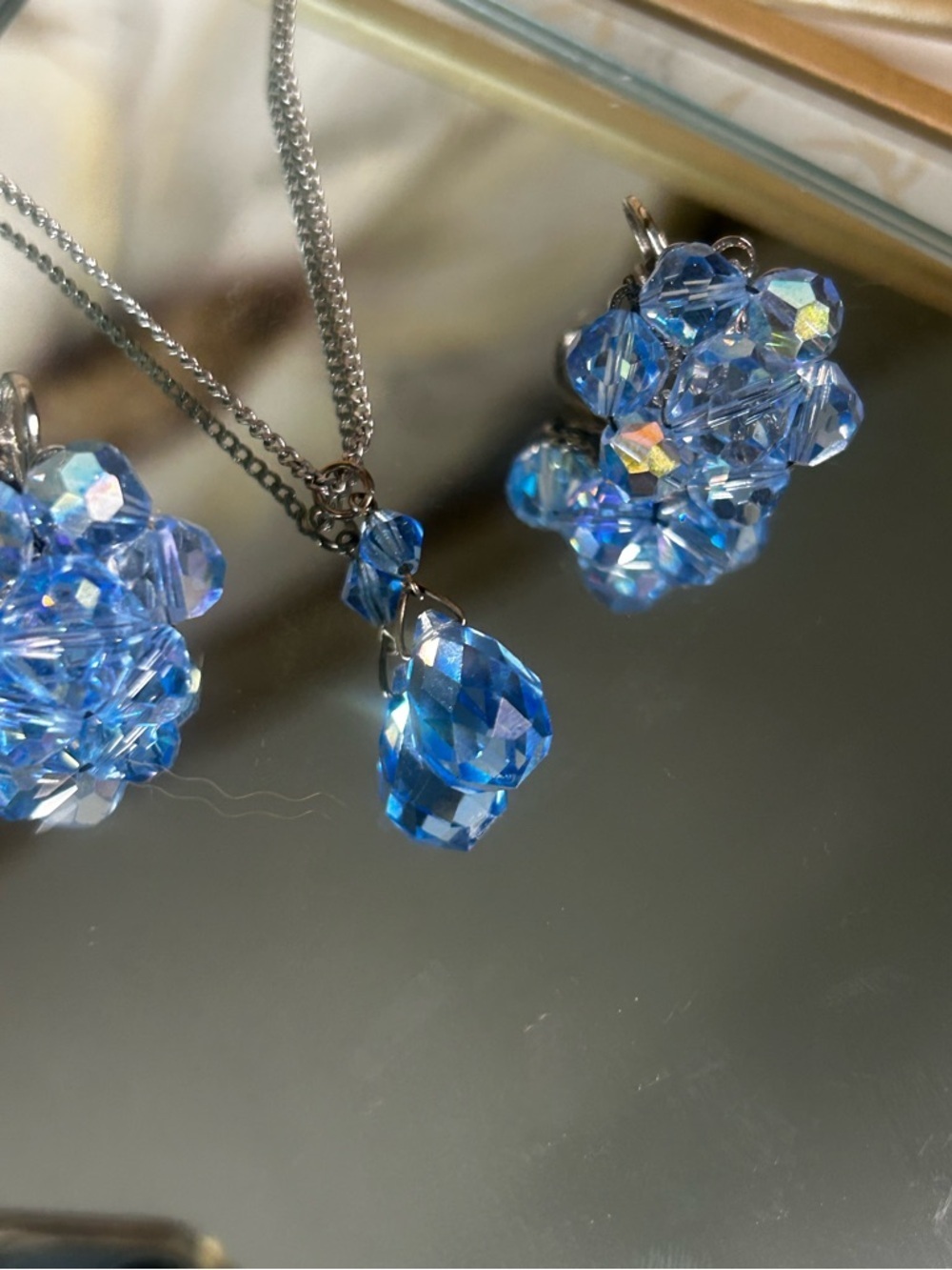 Vintage LAGUNA Blue Aurora Borelais Silver Crystal Earrings And Necklace Set